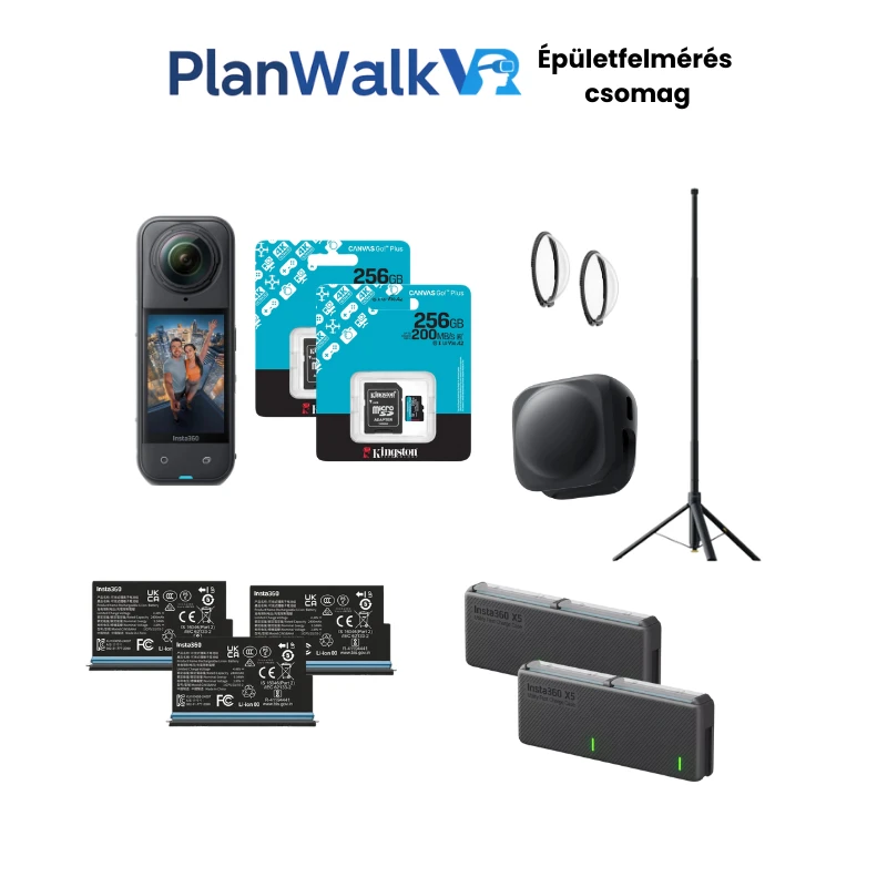 Az Insta360 X5 csomag kamerával, állvánnyal, memóriakártyákkal, akkumulátorokkal, töltőkkel és lencsevédőkkel.