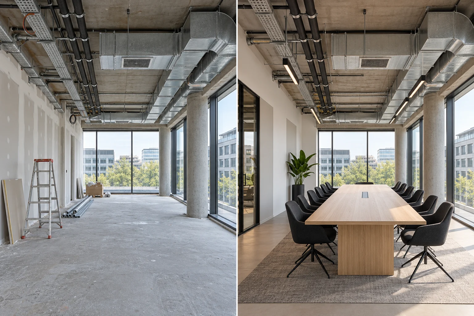 Illustration comparing an office under construction and furnished, with visible ducts and building services.