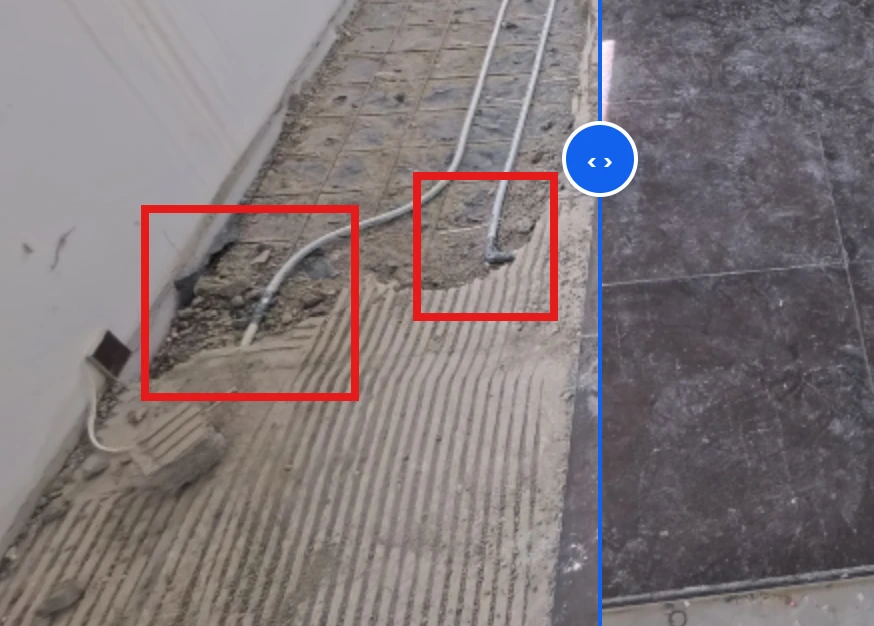 Underfloor heating pipes with two joints marked in red, alongside the finished floor.