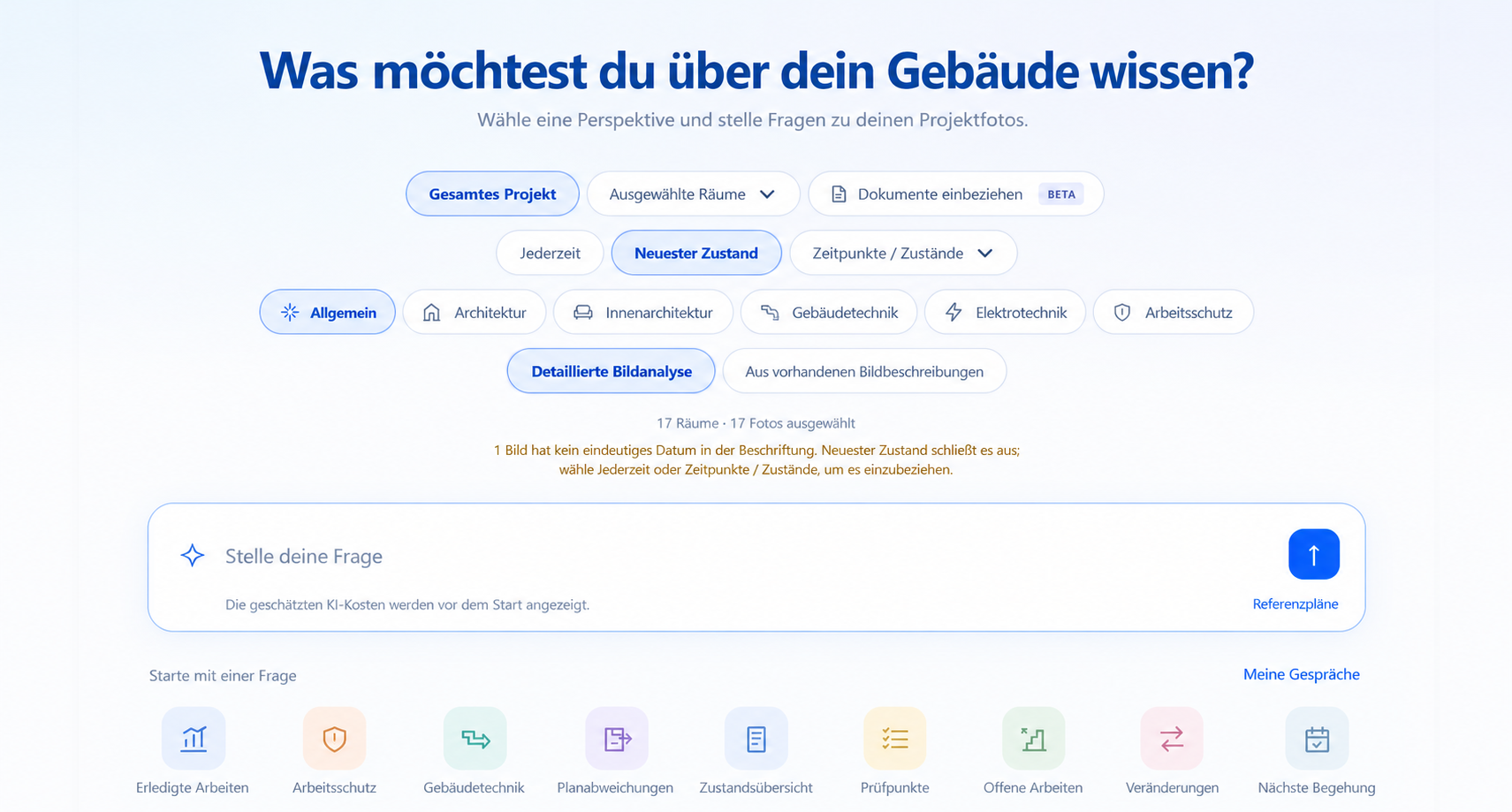 PlanWalkVR KI-Gebäudeanalyse: Projekt, Räume, Zeitpunkte, Dokumente und fachliche Perspektive für die Frage auswählen.