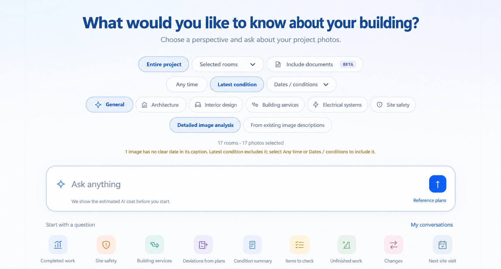 PlanWalkVR AI building analysis: select a project, rooms, dates, documents and a professional perspective for your question.