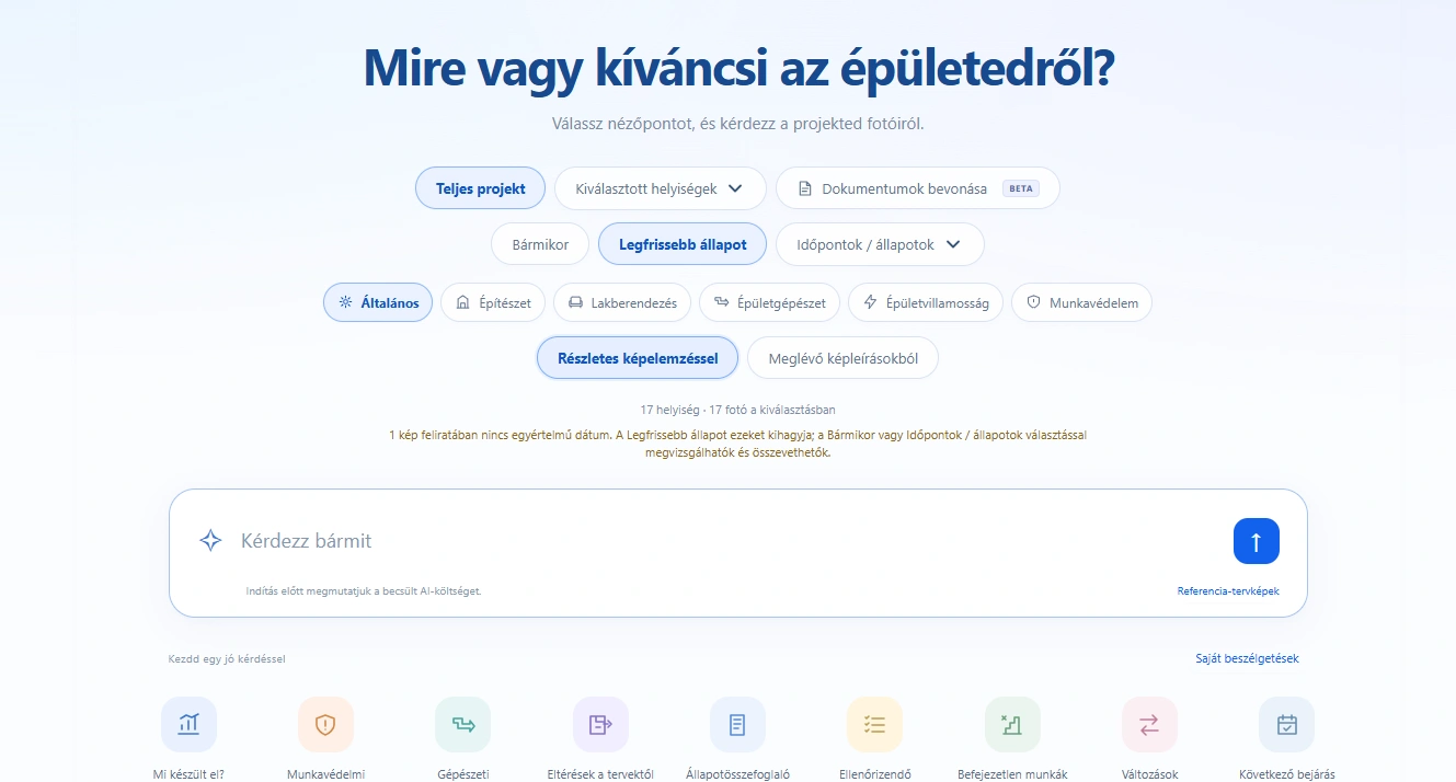 PlanWalkVR AI épületelemzés: projekt, helyiségek, időpontok, dokumentumok és szakmai nézőpont kiválasztása a kérdéshez.