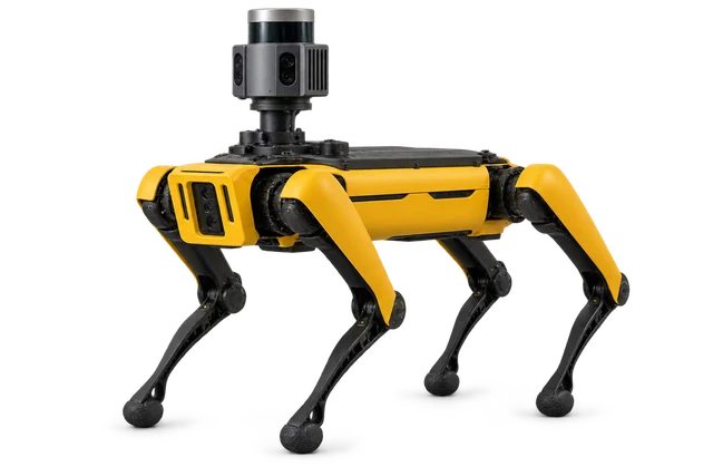 Yellow and black, Spot-style four-legged surveying robot with a scanner on top