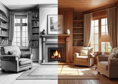 Split image of a living room: left half hand-drawn sketch, right half photorealistic render with fireplace and bookshelves