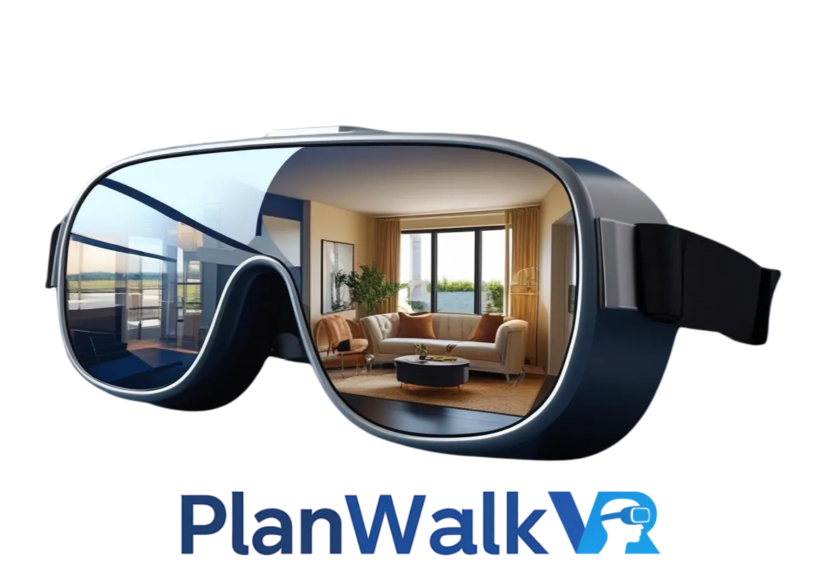 Gafas VR con salón fotorrealista en las lentes — PlanWalkVR visualiza casas en 3D.